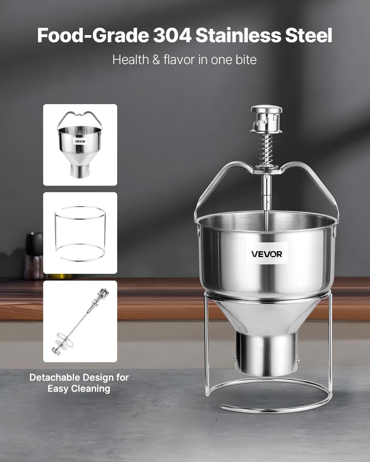 VEVOR Donut Depositor, Large Capacity Manual Donuts Dropper, 304 Stainless Steel Commercial Batter Dispenser, 6 Thicknesses Adjustment Doughnut Hopper with Stand, For Restaurant Cafe Bakery Kitchen