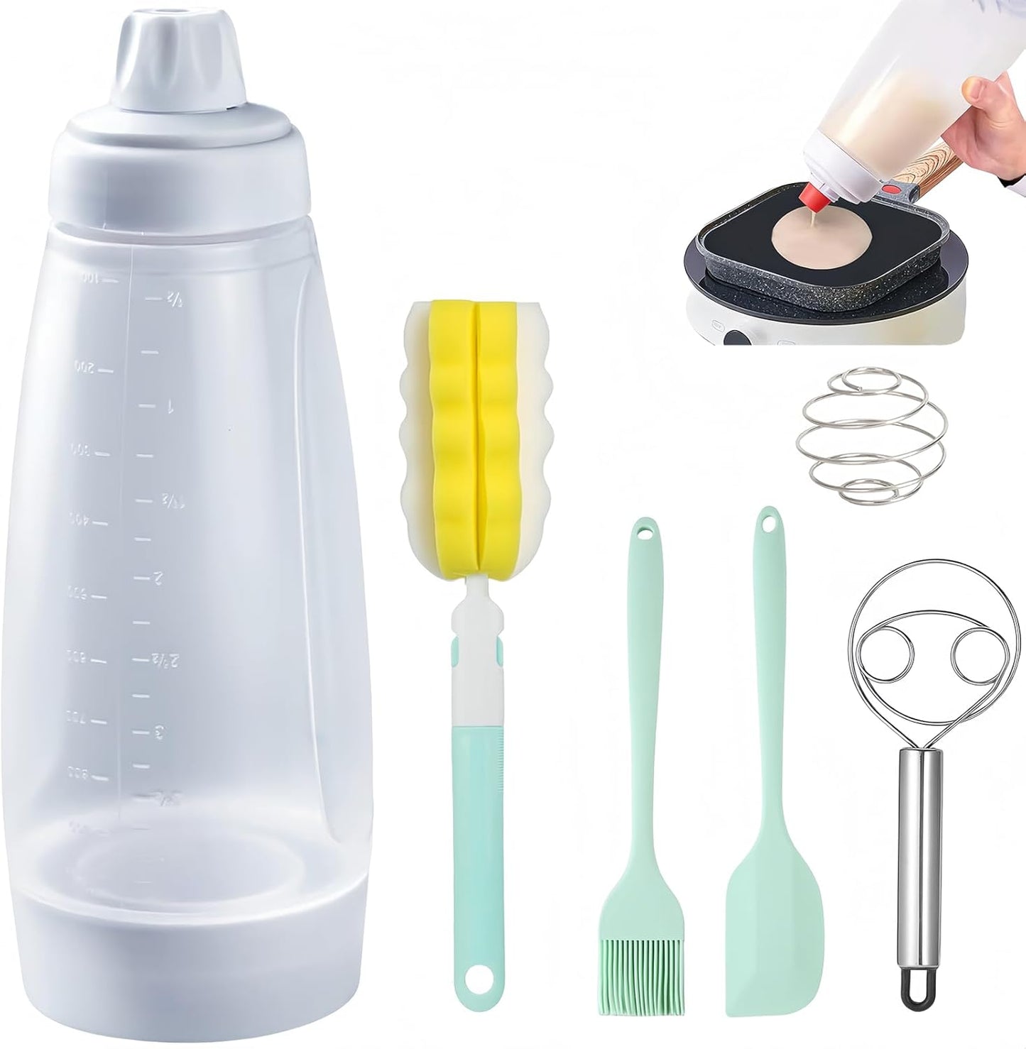 Pancake Batter Dispenser with Wire Whisk, BlenderBall, Silicone Spatula and Brush, Cleaning Brush, 1000 ML Large Capacity Leak-Proof Design for Pancakes Waffles Muffins and Crepes