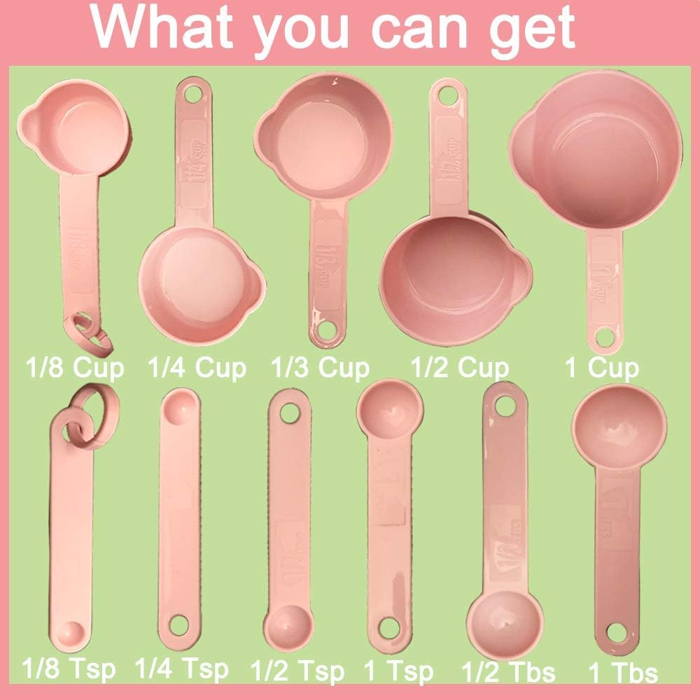 Measuring Cups and Measuring Spoons Set of 11 Pieces, Plastic, Nordic Color, Pink, Included 2 Pieces Kitchen Tool Hook Up