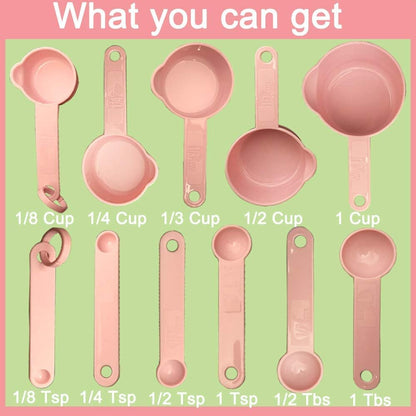Measuring Cups and Measuring Spoons Set of 11 Pieces, Plastic, Nordic Color, Pink, Included 2 Pieces Kitchen Tool Hook Up