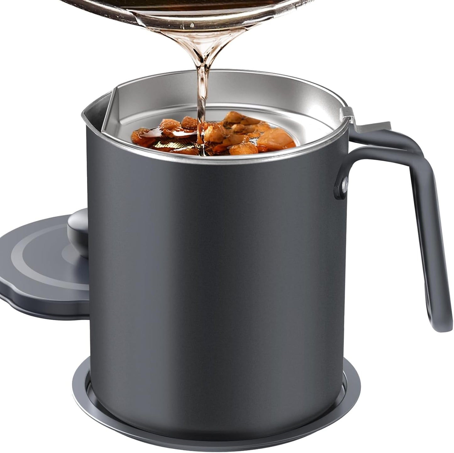 Chihee Grease Container Stainless Steel Bacon Grease Saver with Fine Mesh Strainer 2L / 67.6 fl oz Cooking Oil Keeper Stoarge Can with Dust-proof Lid Non-slip Tray for Kitchen Frying