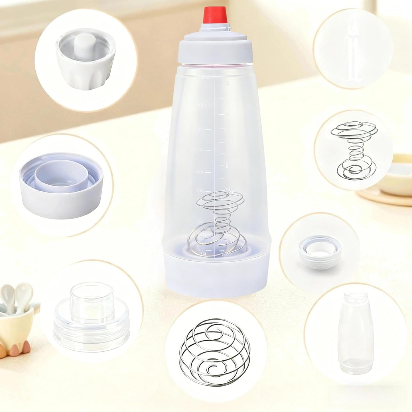 Pancake Batter Dispenser with Whisk Ball & Stand, 2-in-1 Pancake Mix Dispenser and Squeeze Bottle for Even Mixing and Precise Pouring, Essential Baking Tool for Pancakes, Crepes, Waffles (2PCS。)