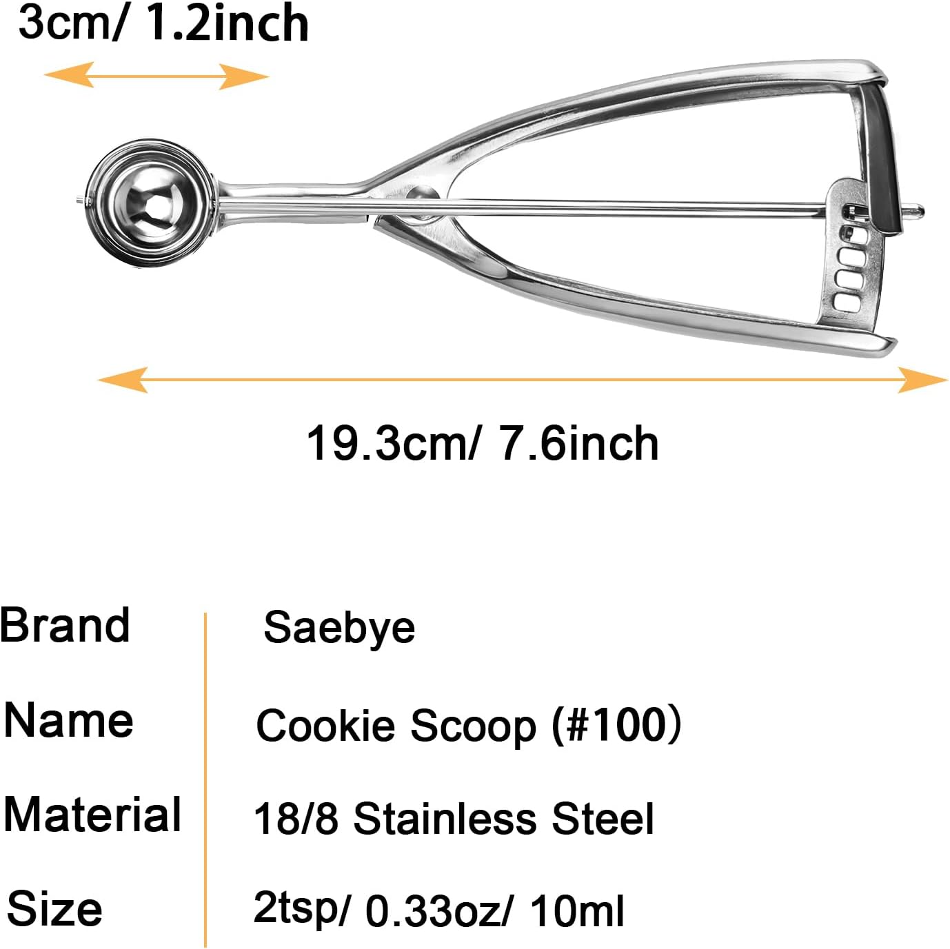 Saebye Medium Cookie Scoop, 2 Tbsp / 30ml / 1 oz, Size #40 Cookie Dough Scoop, Cookie Scoops for Baking, 1 25/32 inches / 4.5 CM Ball, 18/8 Stainless Steel, Secondary Polishing