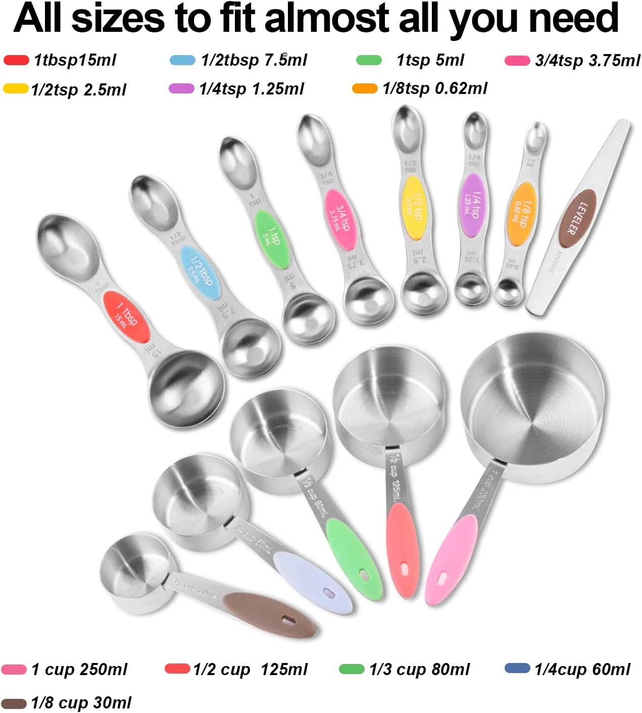 EDELIN Measuring Cups and Magnetic Measuring Spoons Set, Stainless Steel 5 Cups and 7 Spoons (Black)