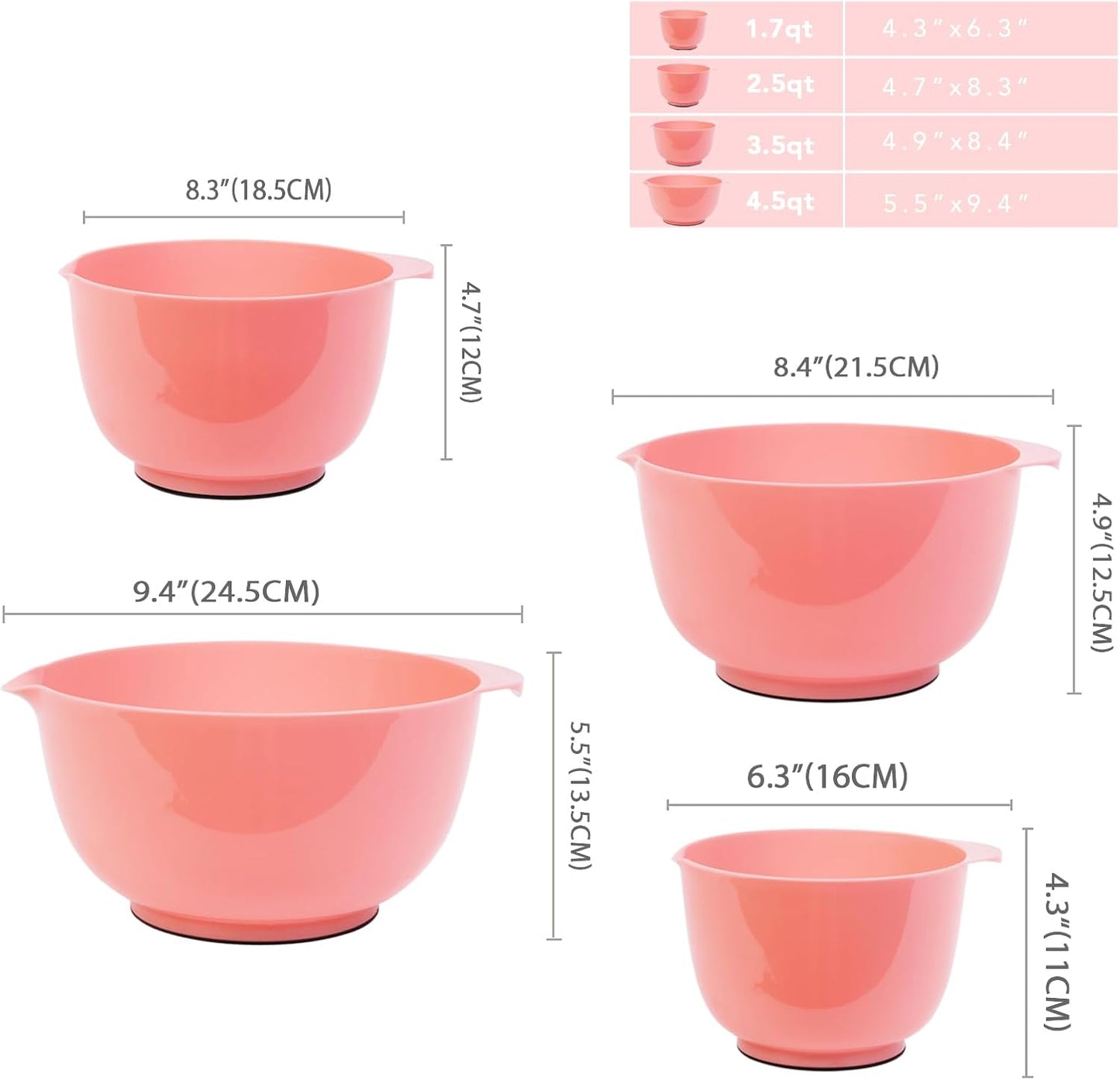 BoxedHome Green Ombre Nesting Plastic Mixing Bowl Set With Pour Spout, Microwave and Dishwasher Safe, BPA free Non-Slip Base, Set of 4 Size 1.7, 2.5, 3.5 and 4.5qt, Great for Prepping, Baking, Cooking