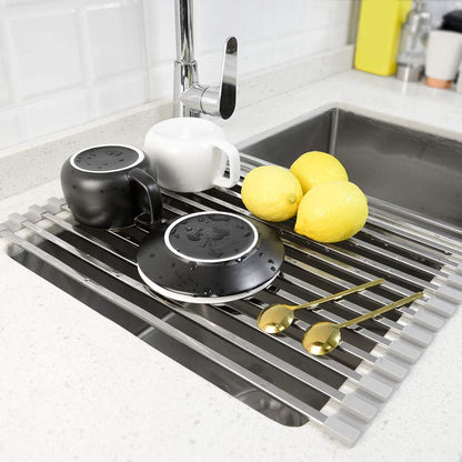 LUEXBOX Expandable Dish Drying Rack Over The Sink, Stainless Steel Drainer Basket with Adjustable Arms for Vegetable and Fruit (Grey)