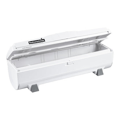Restaurantware-RW Base Food Wrap Dispenser with Cutter, 1 Refillable Cling Wrap Dispenser - Fits 12” to 18” x 1000’ Rolls, Press Down and Cut, White Plastic Aluminum Foil, Sharp Blade