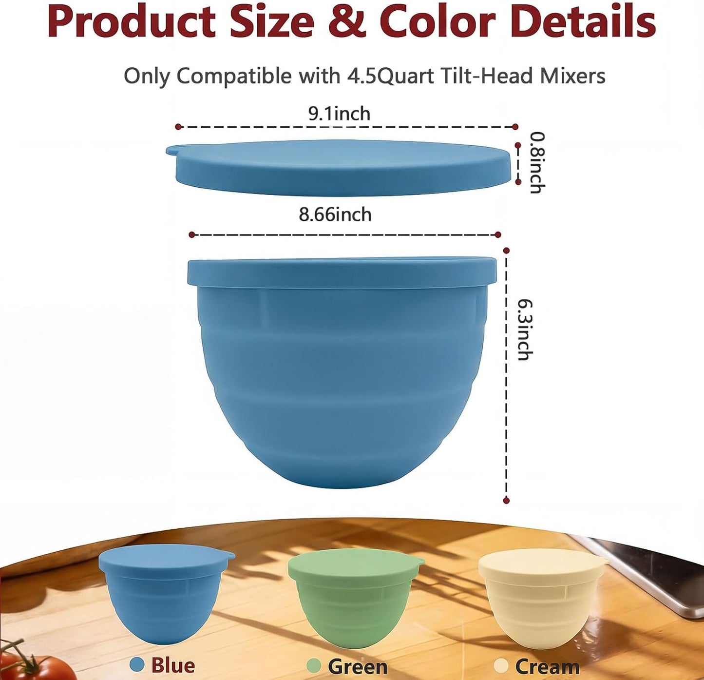 3 Pack Silicone Bowl Liners with Lids for KitchenAid 5QT Tilt Head Mixer, Collapsible Food-Grade Bowl Inserts, Thick Heat/Cold Resistant Silicone Mixing Bowl Liners