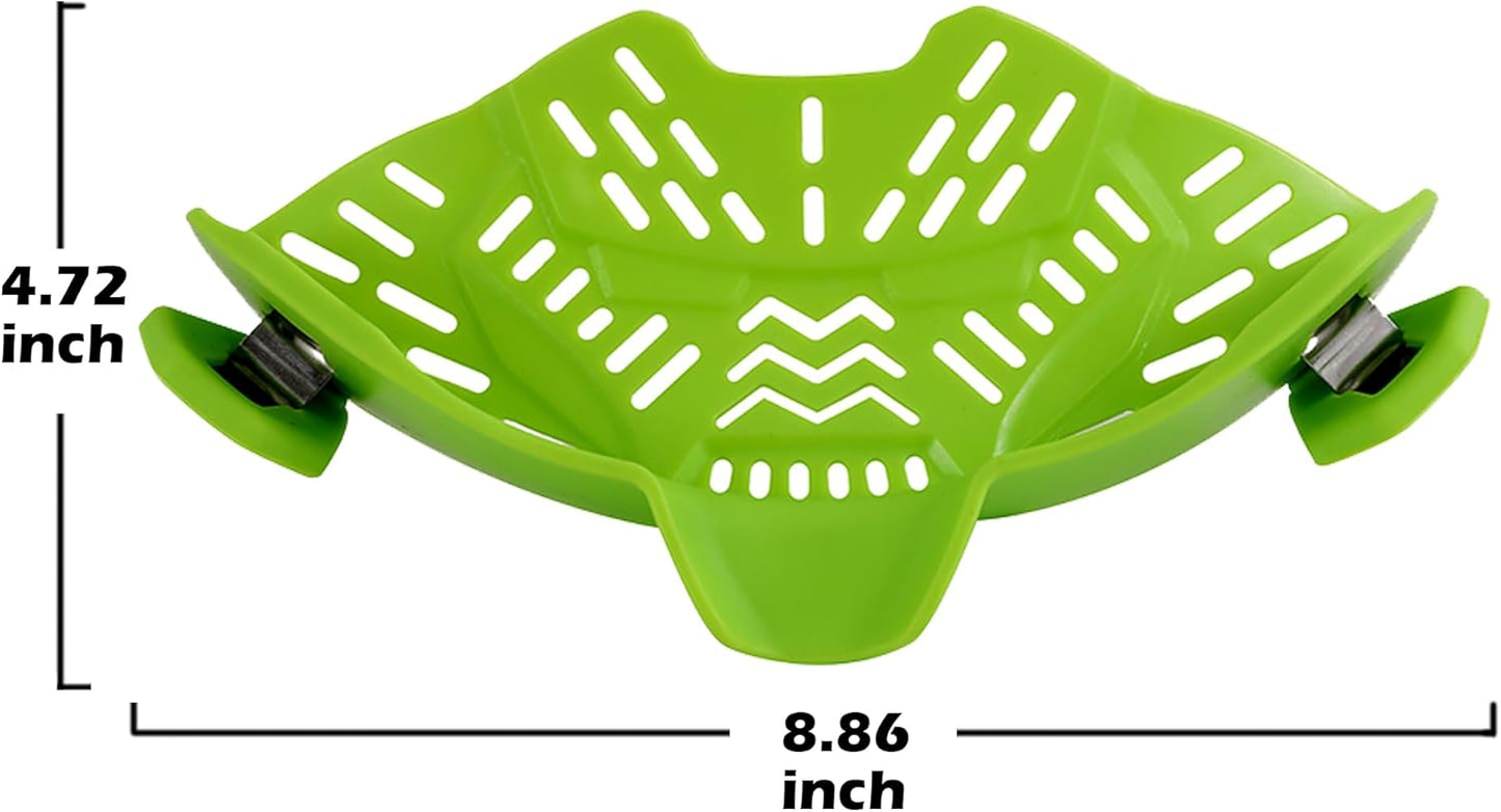 Adjustable Silicone Clip-On Colander. Heat-Resistant Drainer for Pasta, Vegetables, Noodles, and Food. Clip On Strainer for Pots, Pans, and Bowls-Essential Kitchen Gadget (Green)