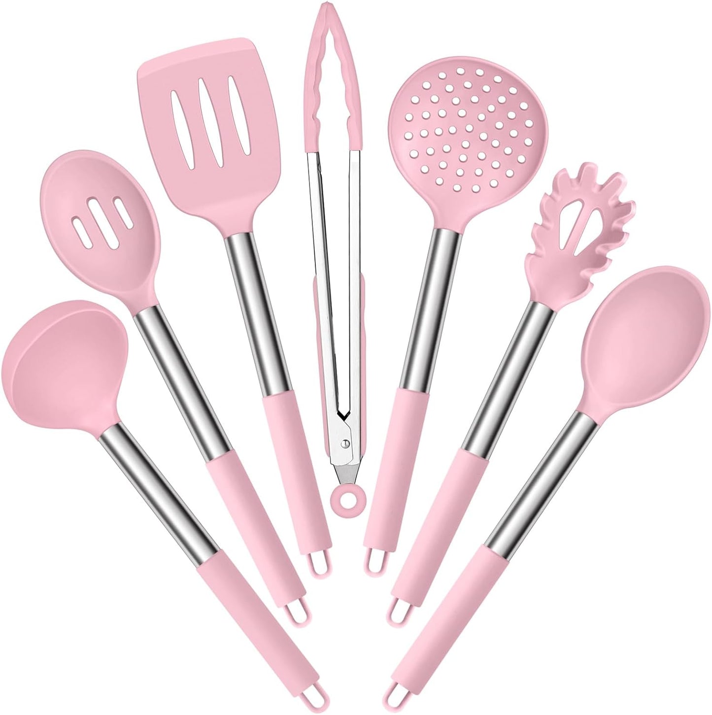 E-far Silicone Cooking Utensils Set, 7 Pcs Heat Resistant Kitchen Utensils with Stainless Steel Handle, Slotted Turner, Spoon, Soup Ladle, Pasta Server, Skimmer, Tongs for Nonstick Cookware, Black