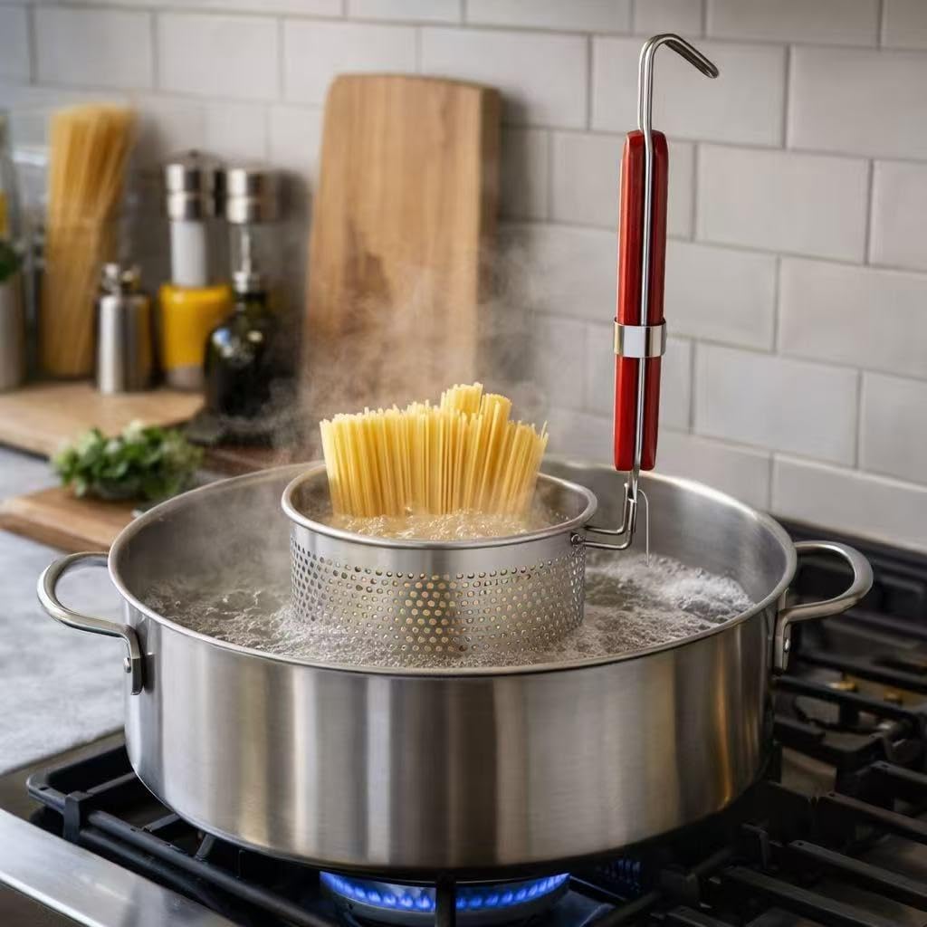Mesh Pasta Basket Food Strainer Insert For Pot, Colander with Round Wooden Handle Stainless Steel Mesh Spider Strainer for Pasta Noodles Dumpling Vegetable