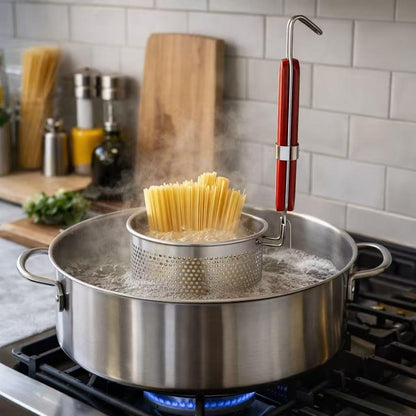 Mesh Pasta Basket Food Strainer Insert For Pot, Colander with Round Wooden Handle Stainless Steel Mesh Spider Strainer for Pasta Noodles Dumpling Vegetable