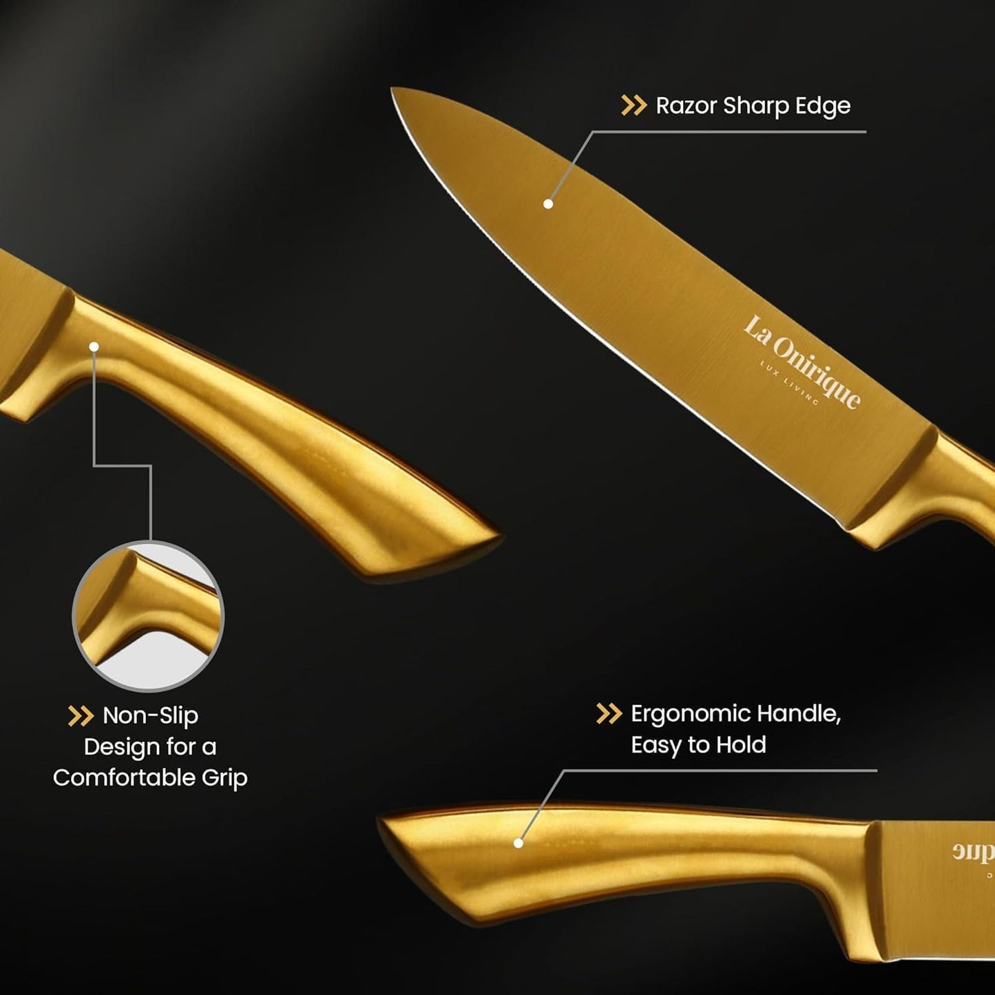 Luxury Gold Kitchen Accessories Set – Super Sharp Pizza Cutter Wheel, Garlic Press Rocker, Y Peeler, Serrated Pie & Cake Server – Premium Titanium-Coated Stainless Steel Flatware