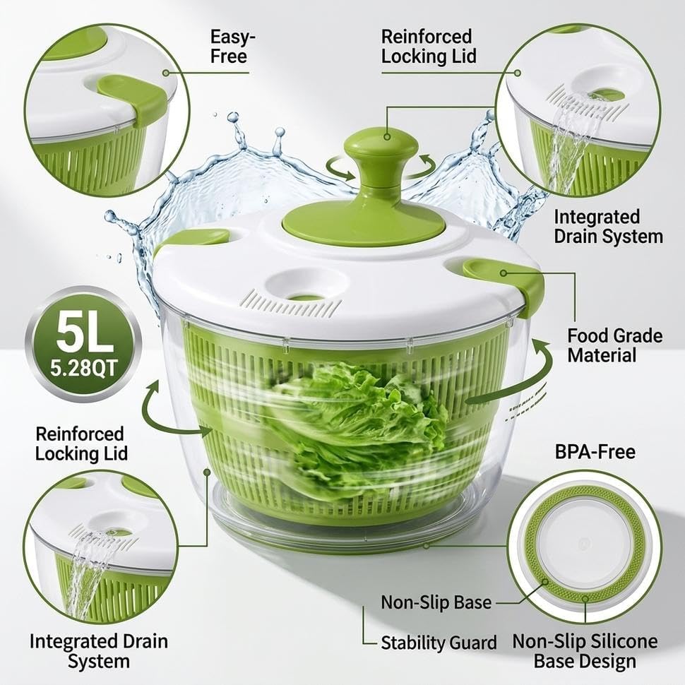 Salad Spinner-Lettuce Spinner | Best Fruit Washer with Spinner Bowl, Easy-Spin Handle, 5QT