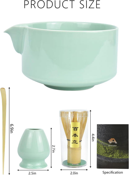 Artcome 4 Pcs Complete Matcha Ceremony Kit - Japanese Bowl With Pouring Spout, Whisk, Holder, Scoop - Tea Set for Making Usucha, Koicha and Latte (Green)