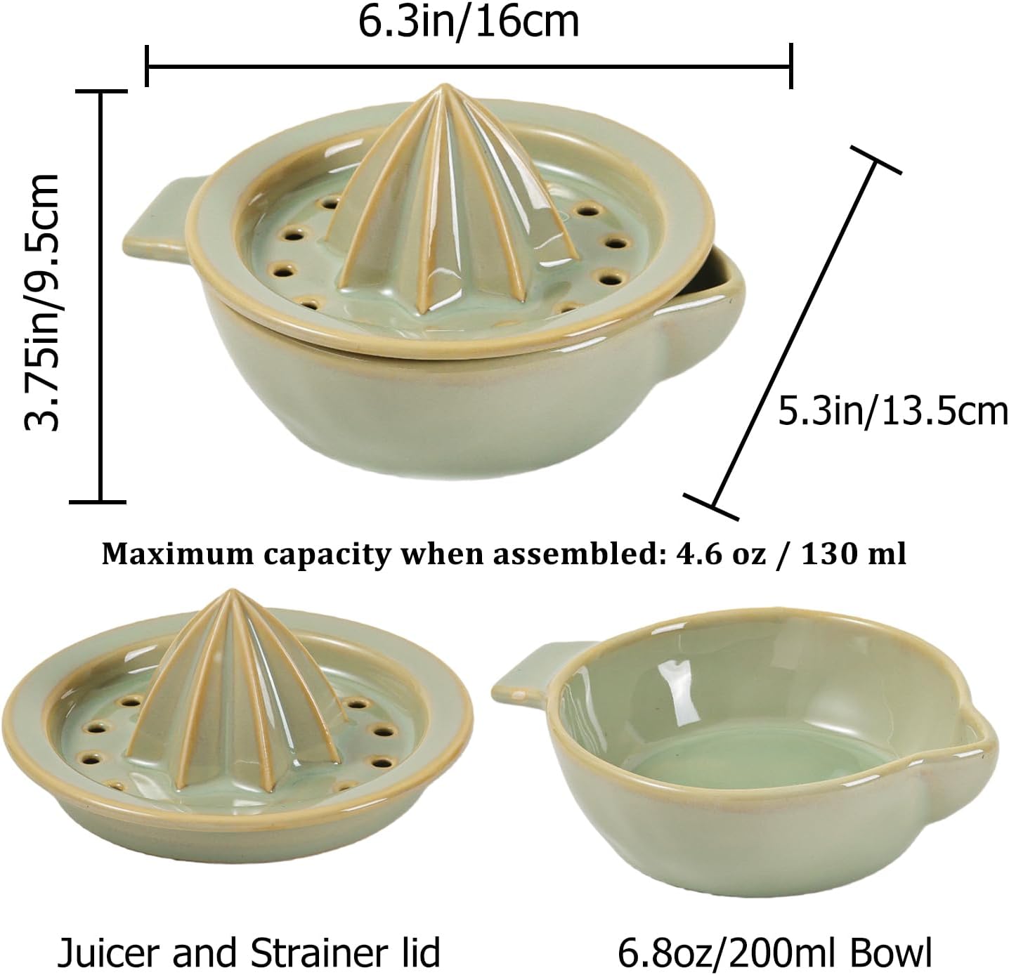 Ceramic Citrus Lemon Orange Juicer Manual Squeezer, Hand Juicer Reamer Rotation Press with 6.8oz Bowl, Strainer Lid, Spout, Handle, Dishwasher Safe, Easy to Clean