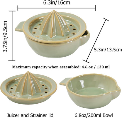 Ceramic Citrus Lemon Orange Juicer Manual Squeezer, Hand Juicer Reamer Rotation Press with 6.8oz Bowl, Strainer Lid, Spout, Handle, Dishwasher Safe, Easy to Clean