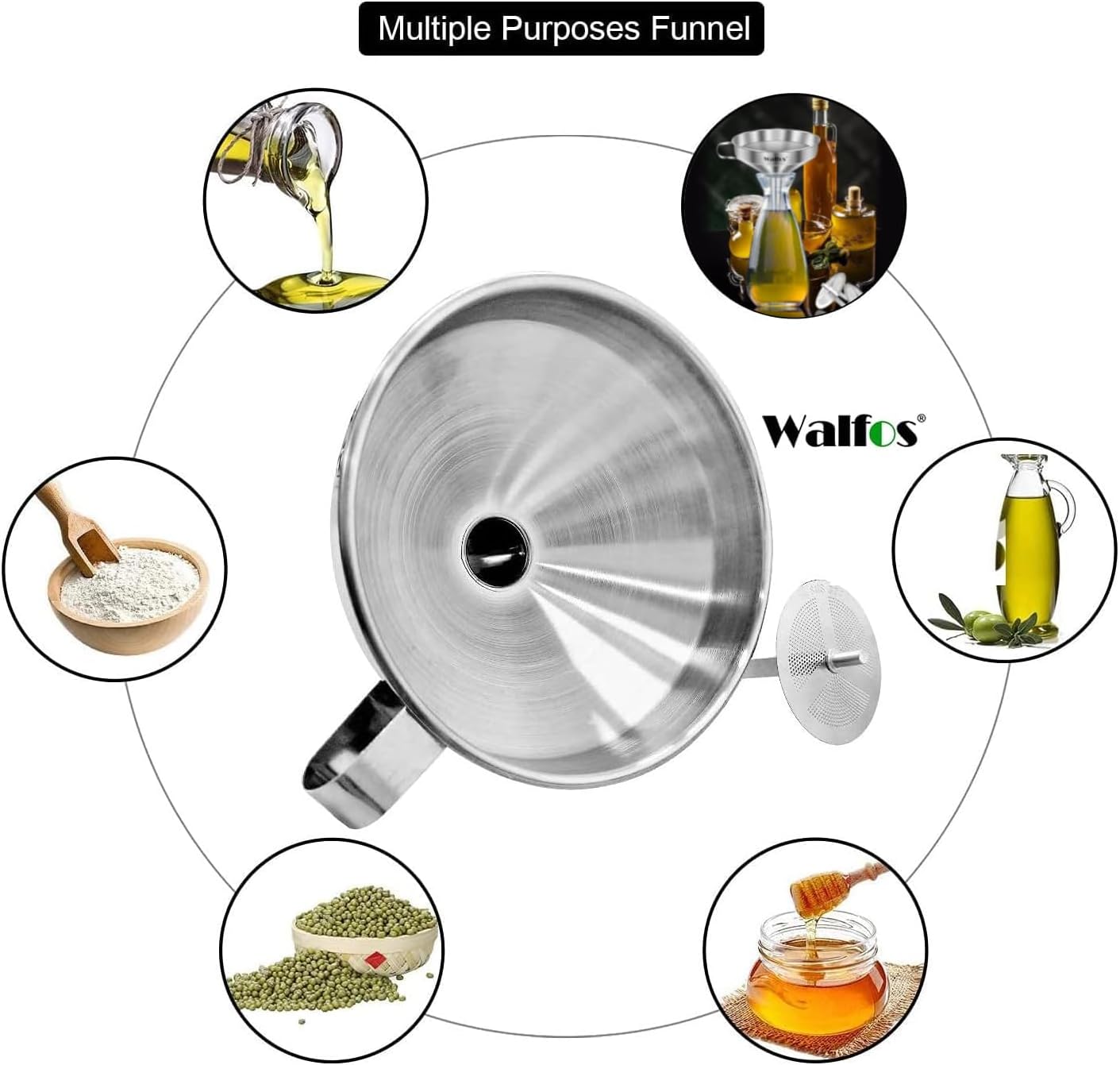 Stainless Steel Funnel, Walfos 3 Pack Kitchen Funnel with 2 Removable Strainer ＆ 1Pcs Cleaning Brush, Perfect for Transferring of Liquid, Oils, Jam, Dry Ingredients & Powder
