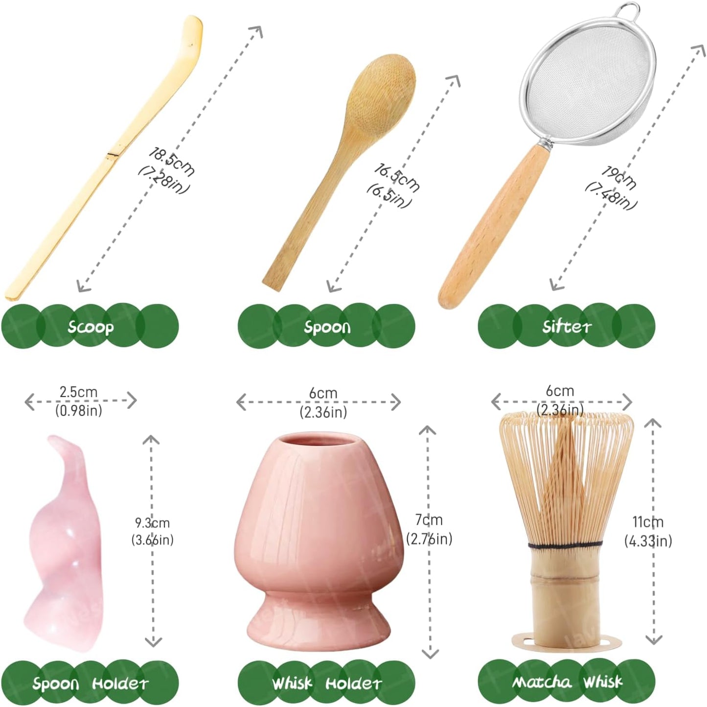 Matcha Whisk Set, 6-Piece Matcha Making Kit, Macha Tea Set, (Chasen Holder), Ceramic Whisk Holder, Matcha Starter Sifter, Bamboo Scoop, Spoon Japanese Tea Tools For Ceremony Gift (Green)