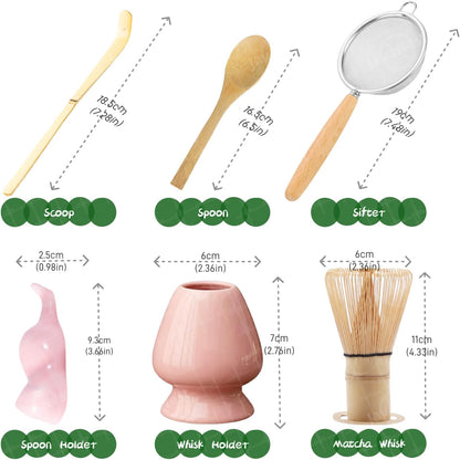 Matcha Whisk Set, 6-Piece Matcha Making Kit, Macha Tea Set, (Chasen Holder), Ceramic Whisk Holder, Matcha Starter Sifter, Bamboo Scoop, Spoon Japanese Tea Tools For Ceremony Gift (Green)