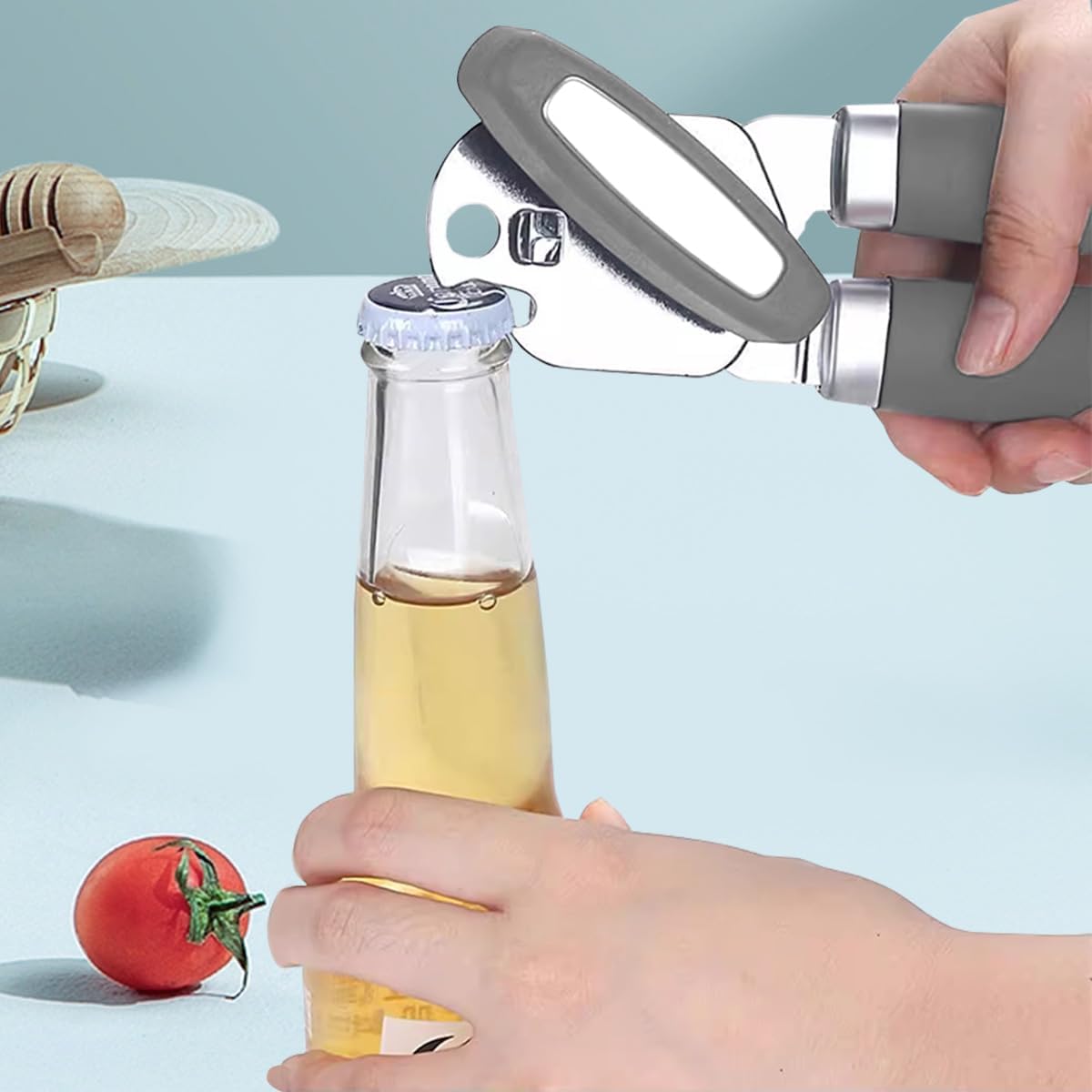 The Original Heavy Duty Stainless Steel Smooth Edge Manual Can Opener and Bottle Openers, Soft Handle, Rust Proof Oversized Handheld Easy Turn Knob,Grey