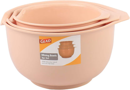 Glad Mixing Bowls with Pour Spout, Set of 4 - Nesting Plastic Bowls (1.2qt, 1.9qt, 2.8qt, and 3qt with Handle) - Non Slip Base, Dishwasher Safe Kitchen Cooking and Baking Supplies, Grey