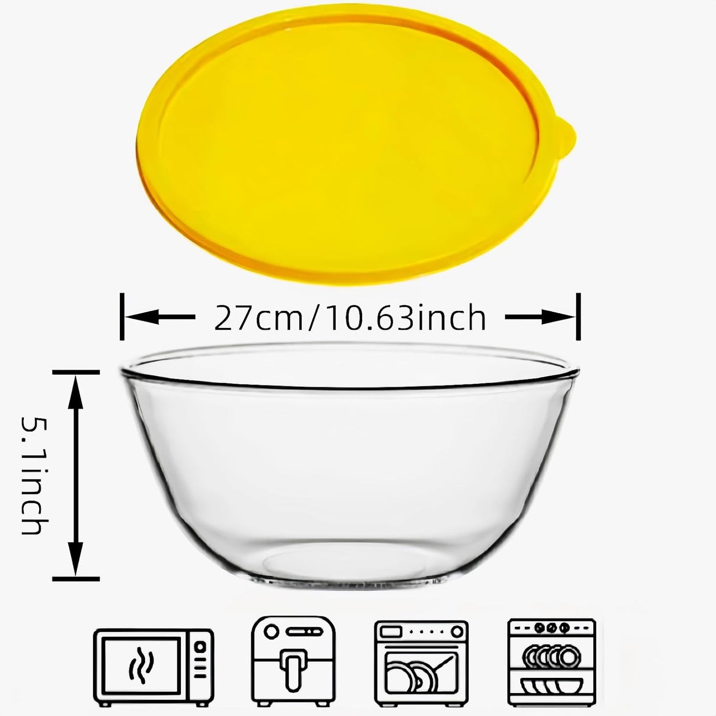 4.7QT Large Glass Mixing Bowl with White Lid, Big Salad Bowl with Lid, Large Glass Bowls for Sourdough and Kithen