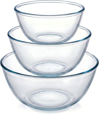 Borosilicate Glass Mixing Bowls, Set of 3 (2.8, 2.2, 1.1QT) - Heavy-Duty, Scratch Resistant & Lead-Free. Oven, Microwave, Dishwasher & Freezer Safe. Ideal for Meal Prep, Baking, Serving.
