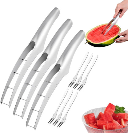 Watermelon Cutter Slicer - with 2 Forks, Stainless Steel Watermelon Cube Cutter, Easy Watermelon Knife Fruit Slicer Tool, Melon Baller Kitchen Gadget for Fruit Salad (1 Set)