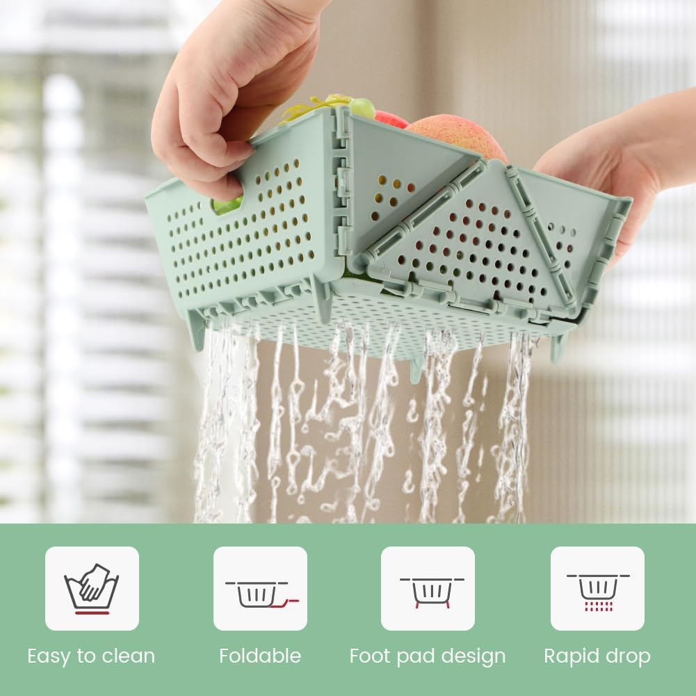Collapsible Colander for Kitchen, Plastic Fruit Strainer Basket, Space-Saving Food Storage Drain Basket with Efficient Holes for Pasta, Vegetables, Berries Food Cleaning(COLOR:Green)