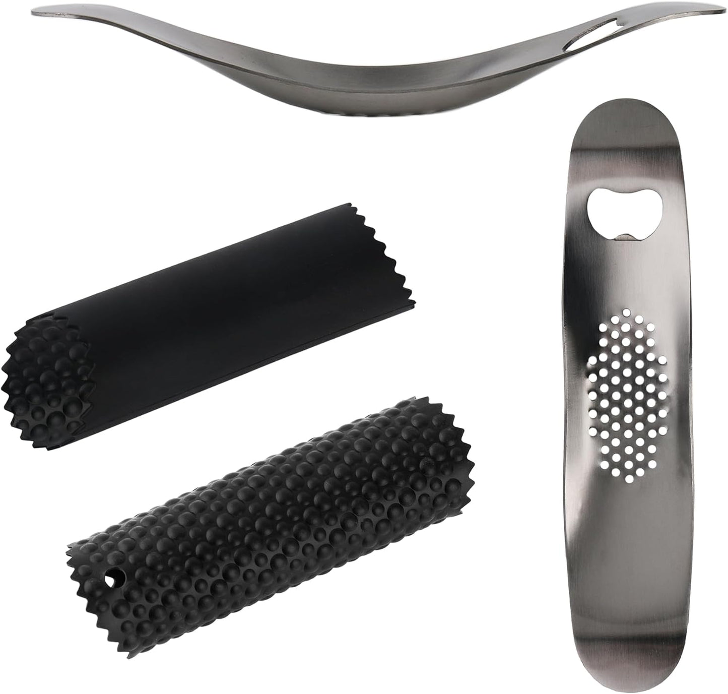 Garlic Press Rocker Stainless Steel, Manual Garlic Mincer Crusher with Silicone Peeler Set, Heavy Duty Ginger Smasher with Bottle Opener for Kitchen, Dishwasher Safe, Silver & Black