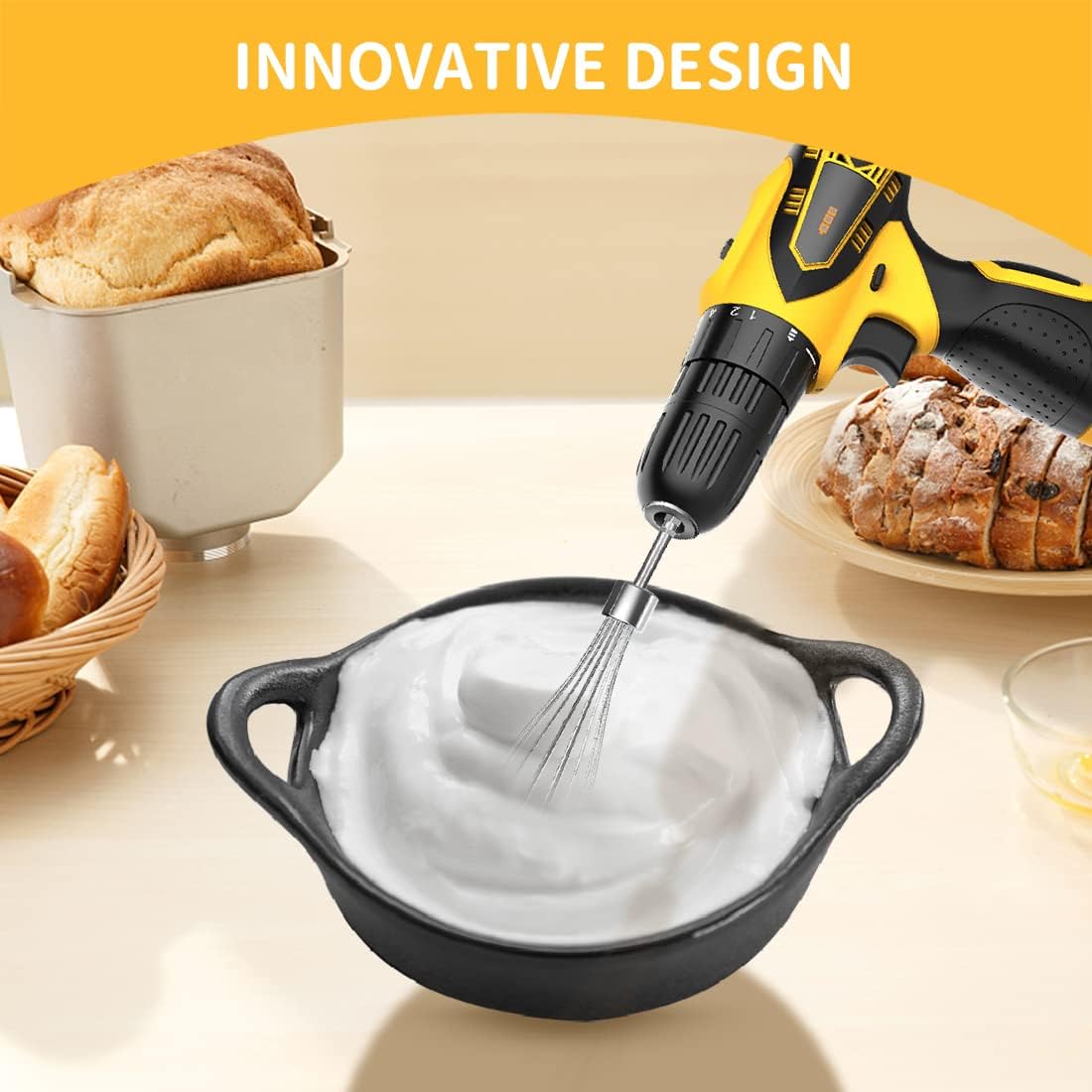 homicozy 3-Piece Stainless Steel Hand Mixer Attachment Set - Whisk, Dough Hook, Egg Beater for Drills - Dishwasher Safe, 9.8 Inch (Drill Not Included) (9.8inch)