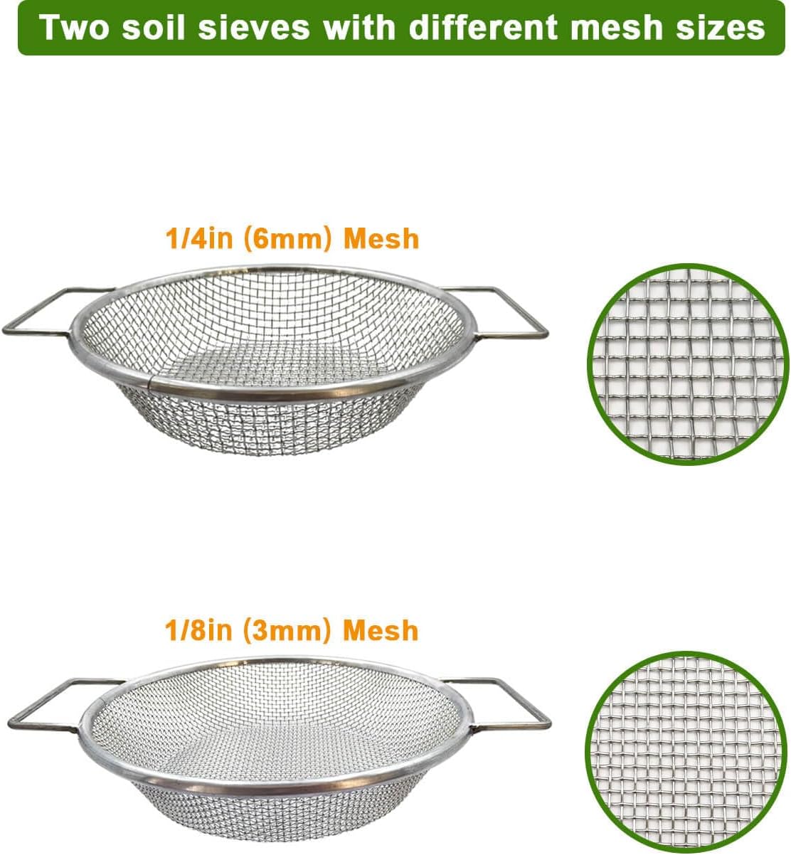 Dirt Soil Sifter for Gardening - 2Pcs Multi Mesh Size Set (1/8",1/4",) Heavy Duty Garden Sieve with Handles, Ideal for 5 Gallon Bucket Compost, Dirt, Sand, Gravel, Rocks & Sawdust Sifter