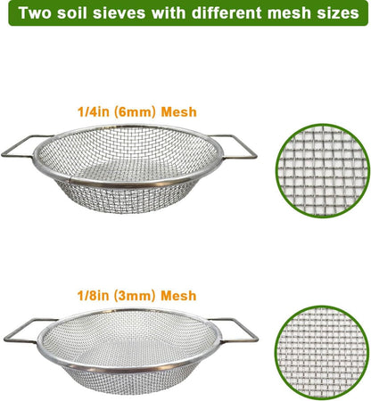 Dirt Soil Sifter for Gardening - 2Pcs Multi Mesh Size Set (1/8",1/4",) Heavy Duty Garden Sieve with Handles, Ideal for 5 Gallon Bucket Compost, Dirt, Sand, Gravel, Rocks & Sawdust Sifter