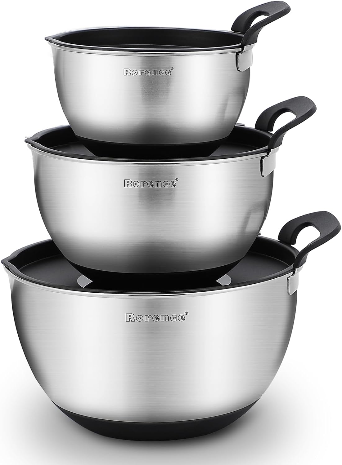 Rorence Stainless Steel Mixing Bowls: Stackable Mixing Bowl Set with Lids and Handles Non-slip Silicone Bottom Nesting Bowls for Kitchen Set of 3 - Blue