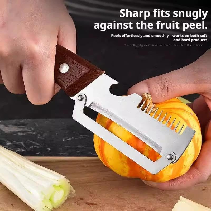 2PCS 3-in-1 Multifunctional Vegetable Peeler, Multifunctional Stainless Steel Peeler, Wooden Peeler, with Bottle Opener & Green Onion Comb Teeth, Kitchen Peeling Tool ﻿