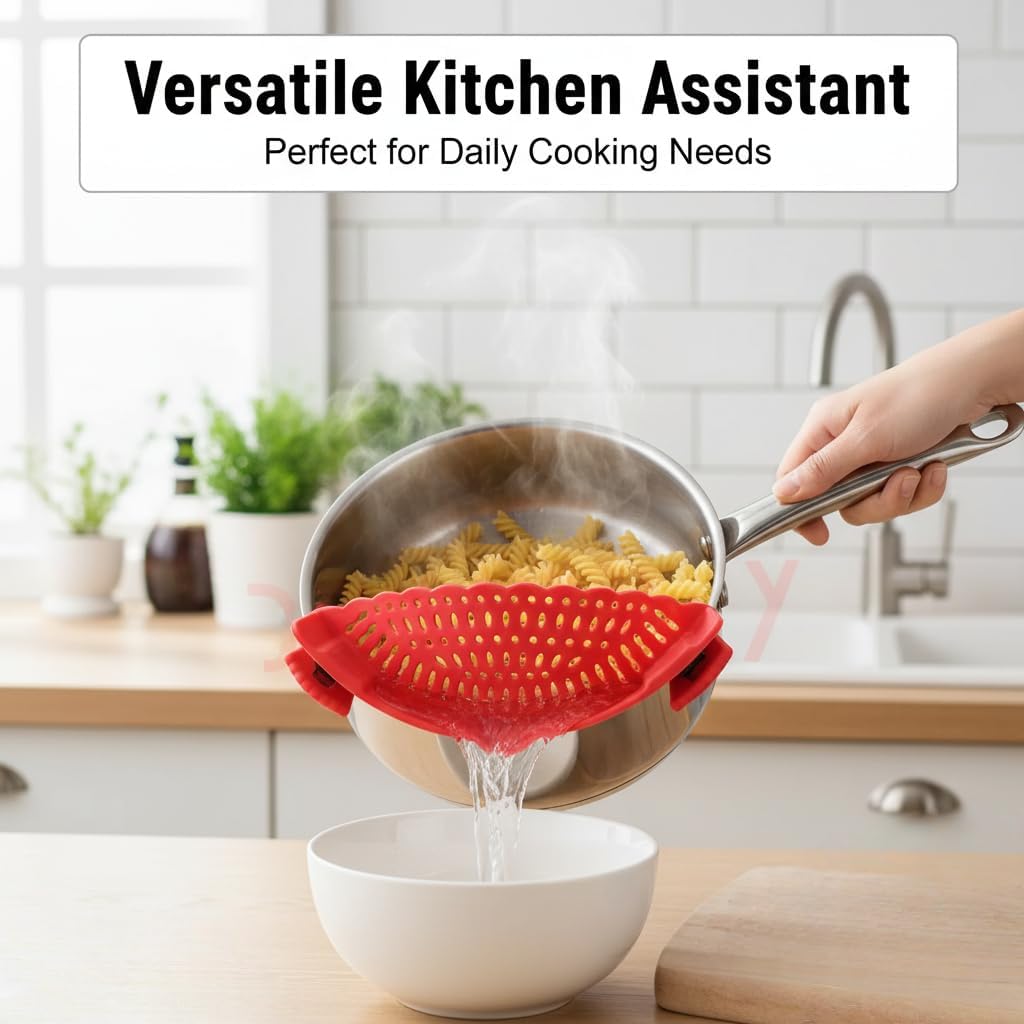Clip On Pot Strainer for Pasta, Silicone Pan Strainer for Kitchen - Heat Resistant Food Strainer Fits All Pots and Bowls, Hands-Free Colander for Spaghetti, Ground Beef, Fruit & Vegetables (Red)