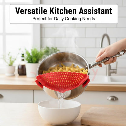 Clip On Pot Strainer for Pasta, Silicone Pan Strainer for Kitchen - Heat Resistant Food Strainer Fits All Pots and Bowls, Hands-Free Colander for Spaghetti, Ground Beef, Fruit & Vegetables (Red)