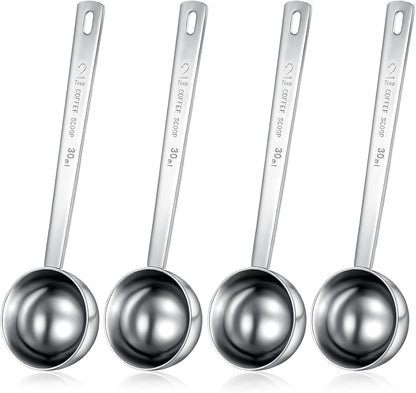 Geiserailie 4 Pcs 2 Tablespoon Scoops with Long Handle, 30 ml Stainless Steel Measuring Spoon for Coffee Milk Fruit Powder, Loose Tea Dry, Spice Jar, Cooking Baking, and Other Dry Goods