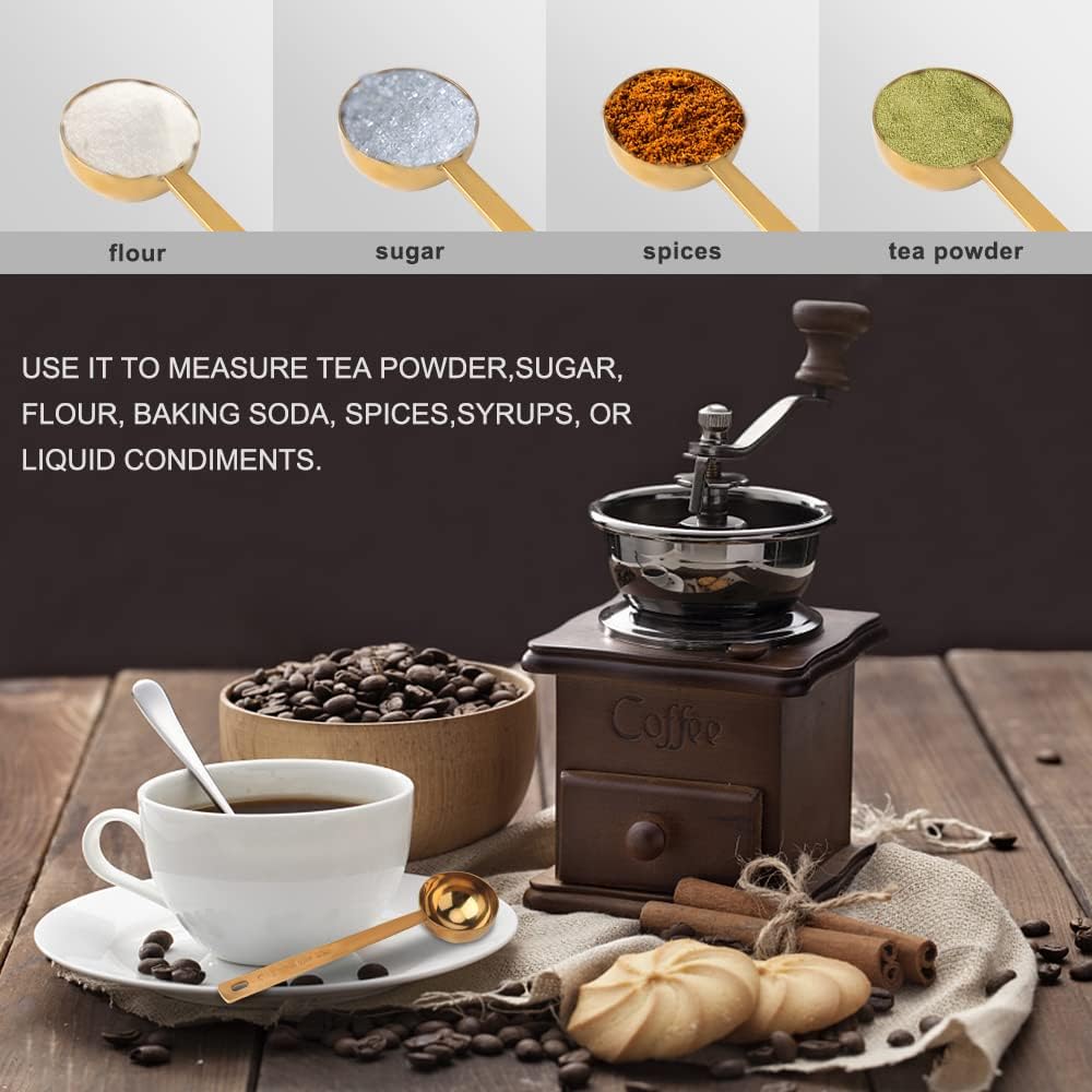 Coffee Scoop, Gold Stainless Steel Coffee Spoons Set, 1 tablespoon (15ml) and 1 tablespoons (30ml) Spoon, Gold Tablespoon Measure Spoon for Coffee, Milk Powder, Fruit Powder, 2 Pack(Long Handle)