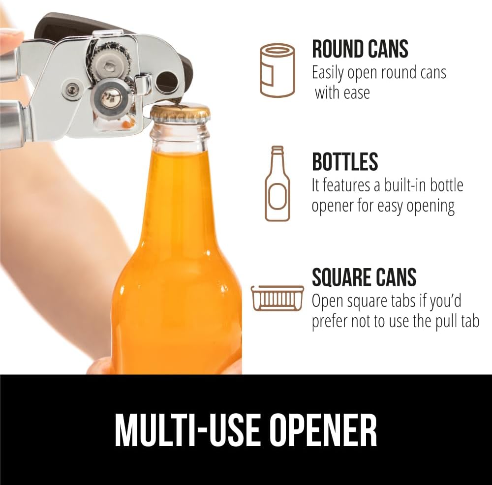 GORILLA GRIP Heavy Duty Stainless Steel Smooth Edge Manual Can Opener and Bottle Openers, US Designed, Soft Comfortable Handle, Oversized Handheld Turn Knob, Multifunctional Kitchen Tool, Black