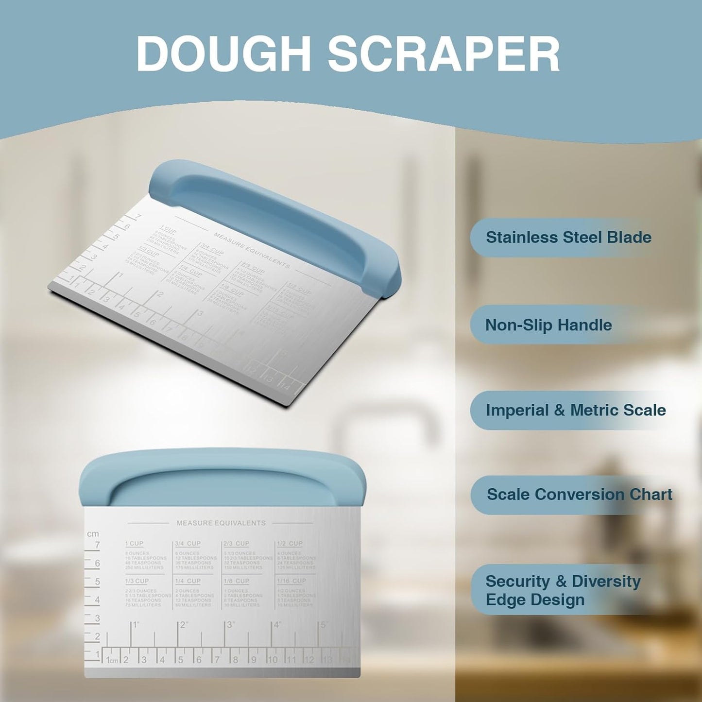 Bench Scraper Dough Cutter Tool - Bowl Pastry Scraper for Bread Cake Pizza, Bench Knife Kitchen Dough Scraper for Baking, Stainless Steel Food Scraper with Grip Handles & Measuring Scal, Blue