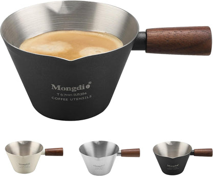 Mongdio Espresso Measuring Cup, Stainless Steel Espresso Shot Cups with Wooden Handle and Double Spouts, 6.8OZ/200ML, White