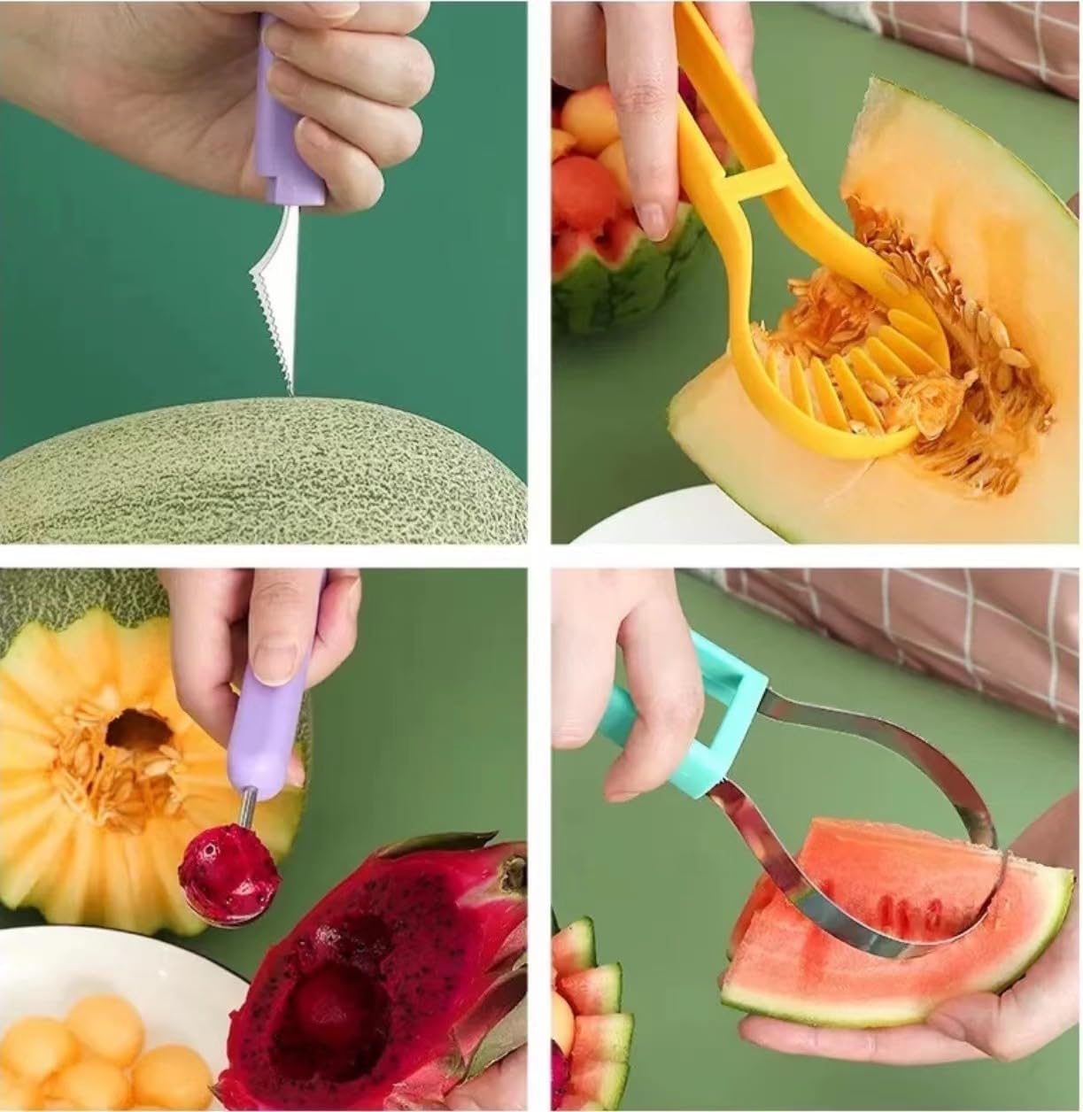 Multifunctional 3-in-1 Fruit Tool, Watermelon Melon Baller Scoop with Carving Knife and Cutter, Colorful Kitchen Gadget