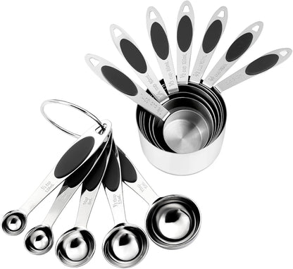Magnetic Measuring Cups and Spoons Set, 12 Piece Stainless Steel Measuring Cups and Spoons Set, Nesting Kitchen Gadgets with Removable Clasp for Cooking & Baking (Black)