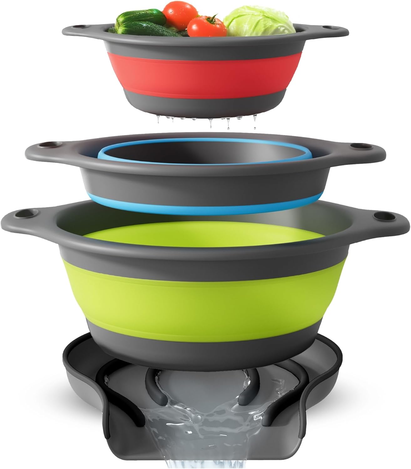 Gevoli Collapsible Colanders with Self-Draining Base for Edge of Sink, Food Strainers (Small/Med/Large), Nested Design for Easy Storage (Red, Blue, Green) (4PC Set)