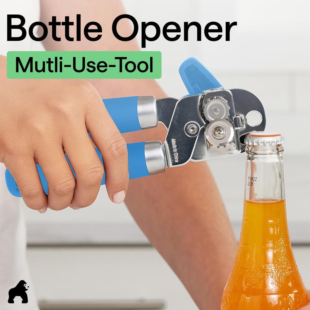 GORILLA GRIP Heavy Duty Stainless Steel Smooth Edge Manual Can Opener and Bottle Openers, US Designed, Soft Comfortable Handle, Oversized Handheld Turn Knob, Multifunctional Kitchen Tool, Black