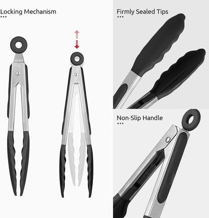600ºF Heat Resistant Kitchen Tongs: U-Taste 9 inch Silicone Cooking Tong with Firm Sealed Non Stick Rubber Tips & Silicon Coated 18/8 Stainless Steel Handle & Smooth Locking for Serving Salad (Black)