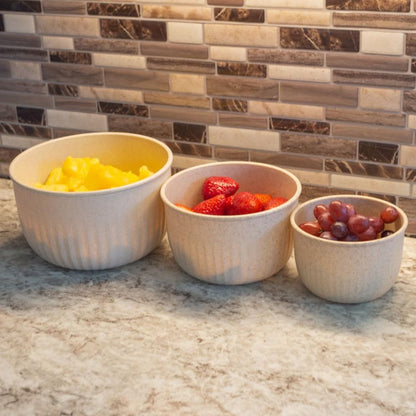 Set of 3 Bowls with Lids - Microwave, Freezer, and Fridge Safe Nesting Mixing Bowls - Eco-Conscious Kitchen Essentials by Classic Cuisine (Beige), S, M, L