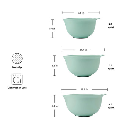 KitchenAid Universal Nesting Plastic Mixing Bowls, Set Of 3, 2.5 quart, 3.5 quart, 4.5 quart, Non Slip Base with Easy Pour Spout to Reduce Mess, Dishwasher Safe, Aqua Sky, White, Gray